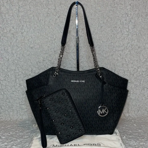 Michael Kors Jet Set Large Monogram Shoulder Bag Tote & Studded Wallet Set Black - Picture 1 of 17
